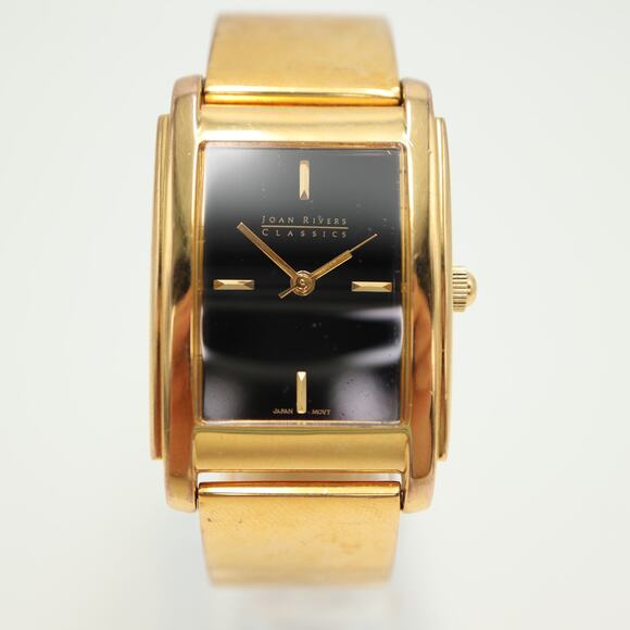 Joan Rivers Gold Tone Black Dial Womens Tank Watch Cuff Bracelet w New Battery - Picture 5 of 13